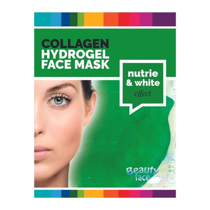 Collagen hydrogel face mask packaging with a woman's face and green mask.