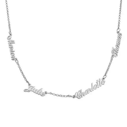 Silver necklace with name charms on a white background