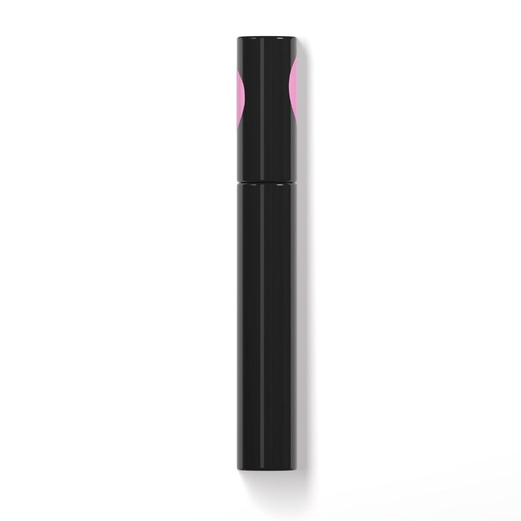 Black cosmetic tube with pink cap on a white background