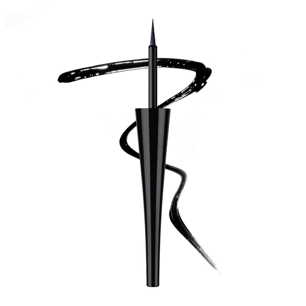 Black eyeliner pen with a decorative cap on a white background