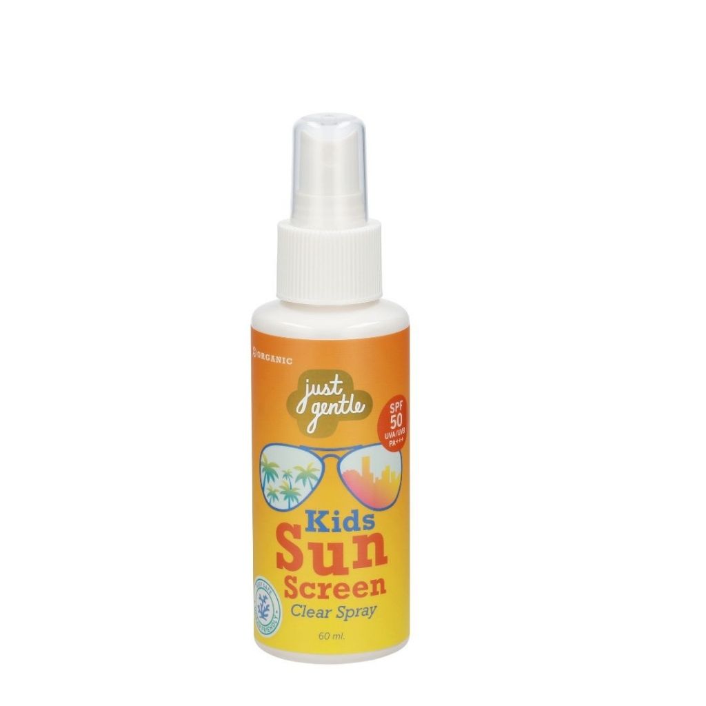 Bottle of Just Gentle Kids Sunscreen Clear Spray on a white background
