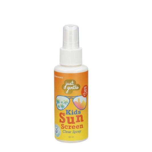 Bottle of Just Gentle Kids Sunscreen Clear Spray on a white background