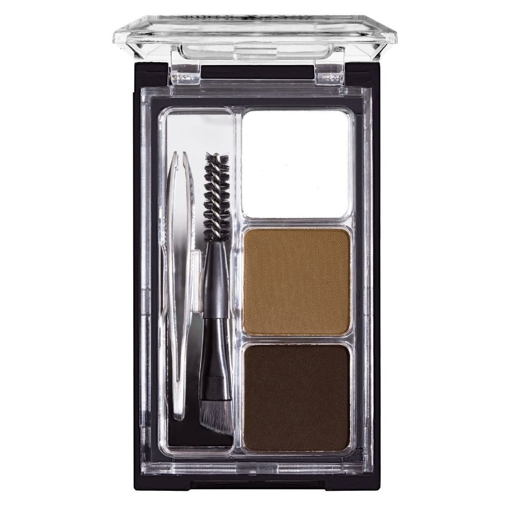 Eyebrow kit with two shades of brown powder, a brush, and tweezers in a clear case on a white background.