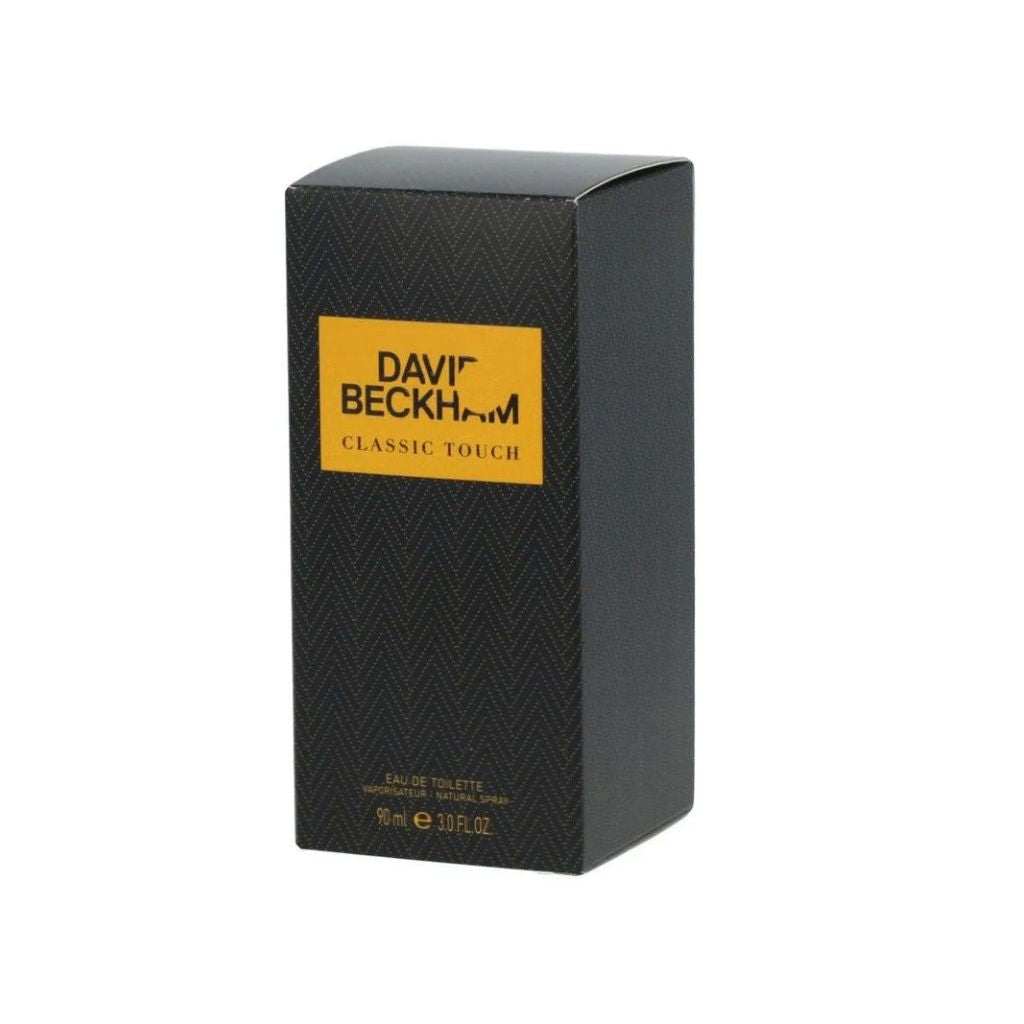 Black box of David Beckham Classic Touch perfume on a white background