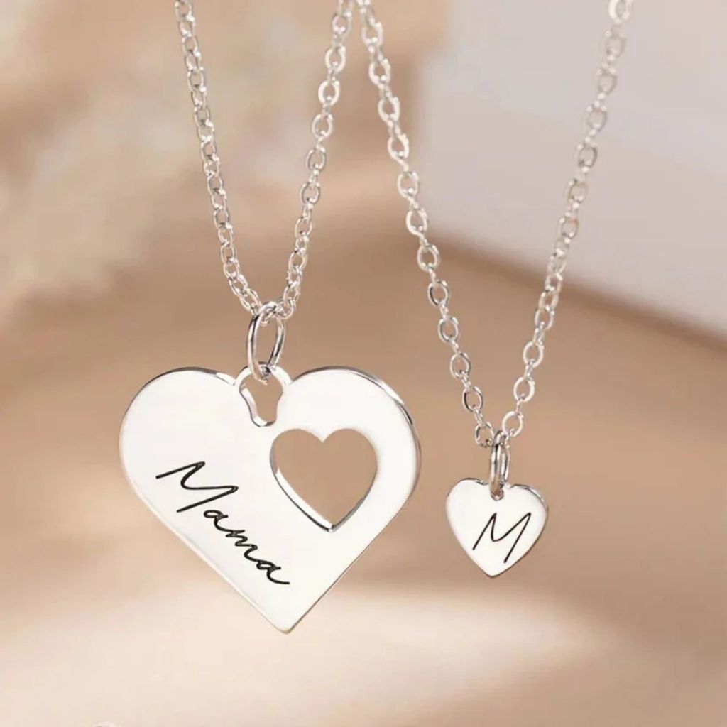 Engraved Name and Initial Heart Necklace Duo Set