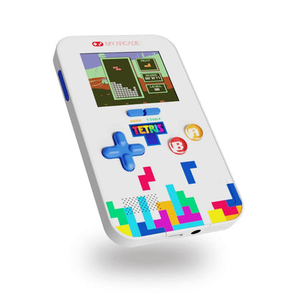 Handheld game console with Tetris design on a white background