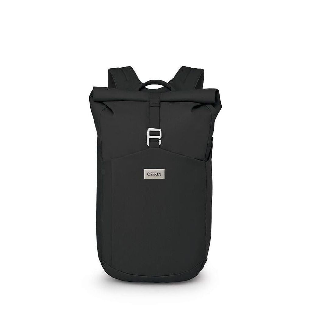Black backpack with a visible brand logo on a white background