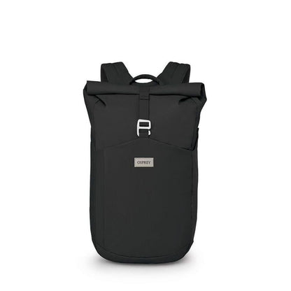 Black backpack with a visible brand logo on a white background