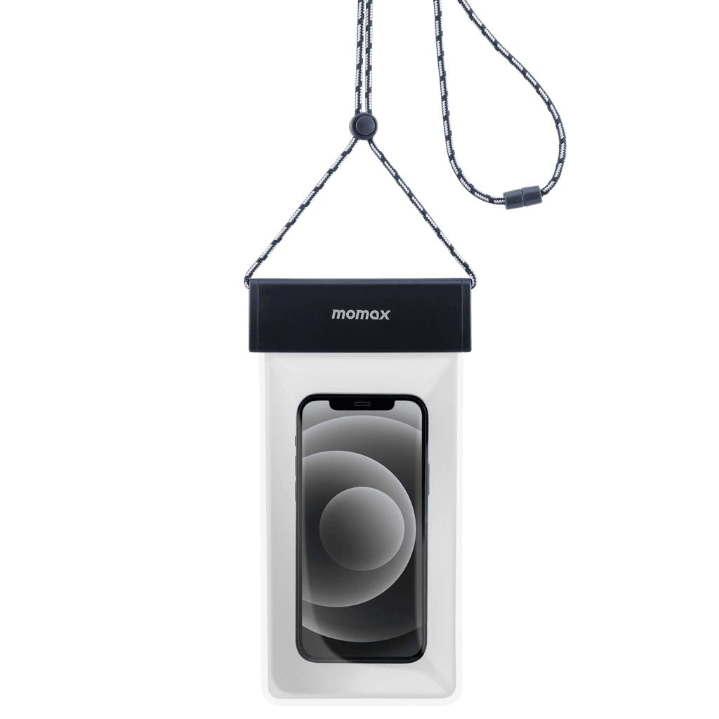 White phone case with black lid featuring 'momax' brand, hanging on a white background.