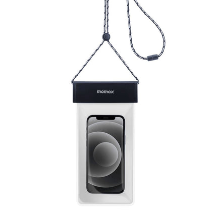 White phone case with black lid featuring 'momax' brand, hanging on a white background.