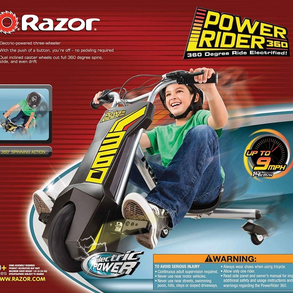 Advertisement for Razor Power Rider 360 three-wheeler with a child using it, on a red and blue background.