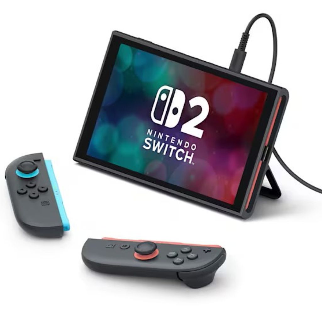 Nintendo Switch console with two controllers on a white background