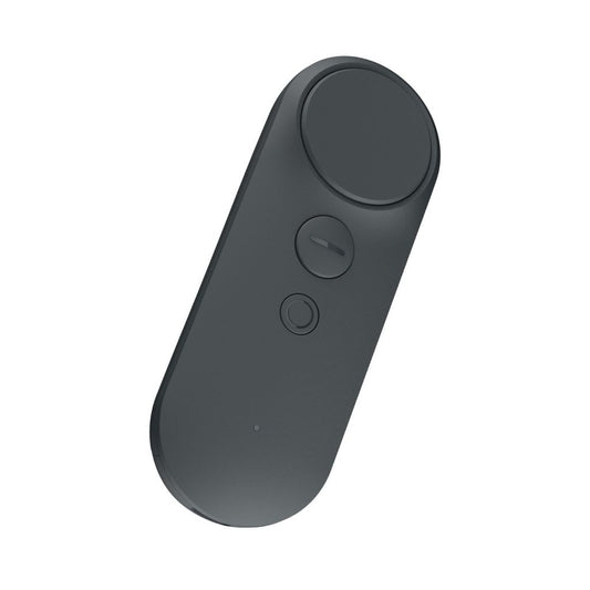 Black remote control with three buttons on a white background
