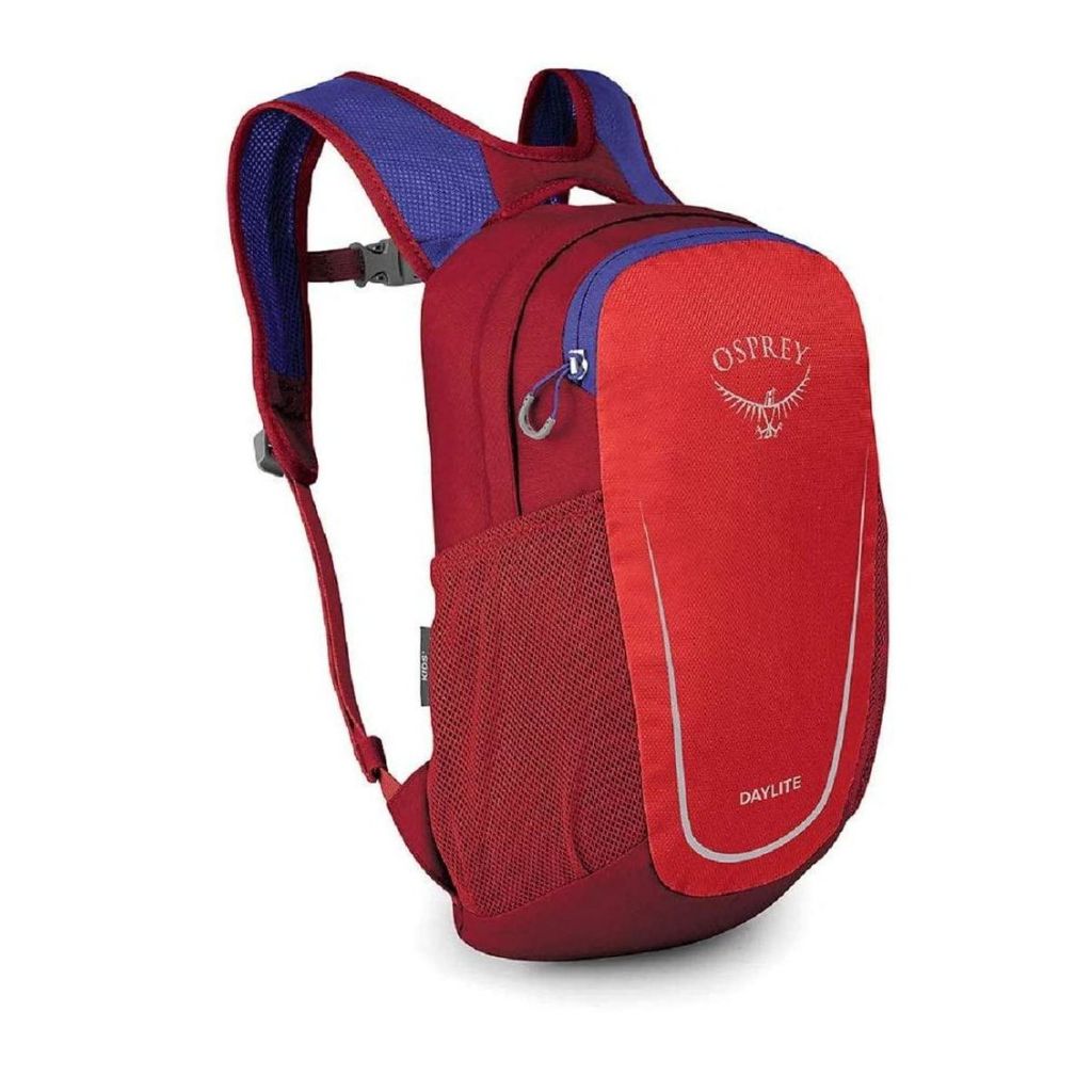 Red Osprey backpack with blue straps on a white background