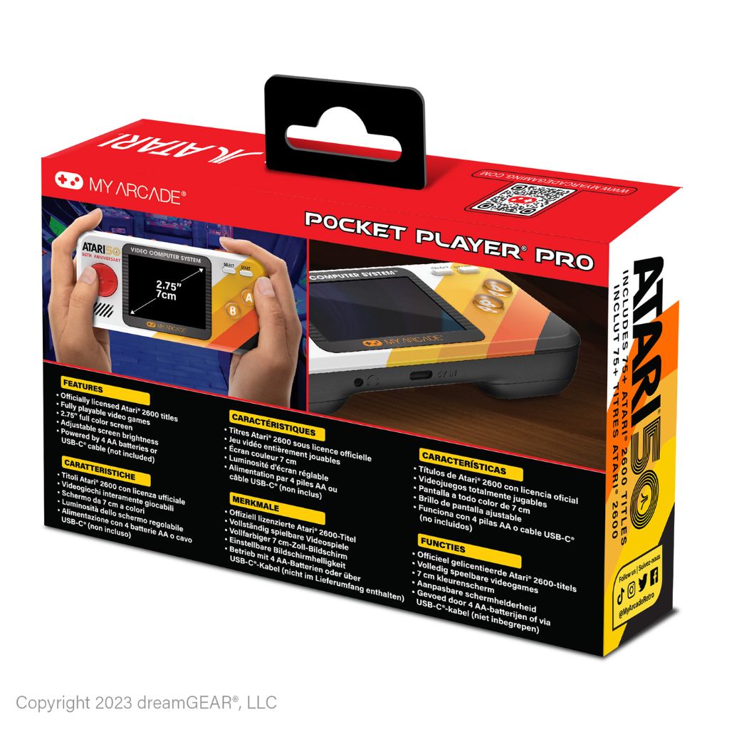 Atari Pocket Player Pro packaging with hands holding the device on a white background