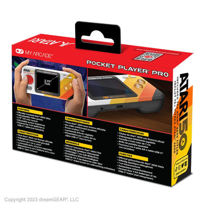 Atari Pocket Player Pro packaging with hands holding the device on a white background