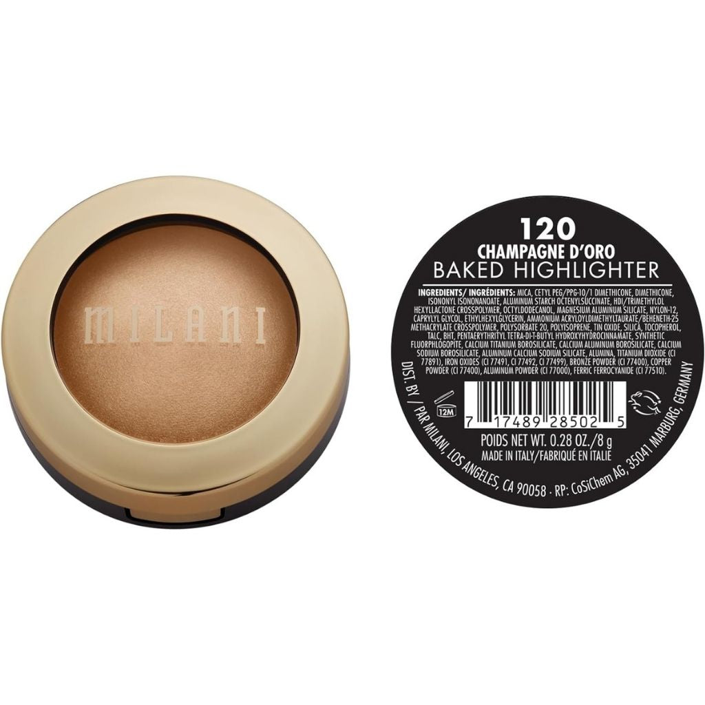 Milani baked highlighter with packaging and label on a white background
