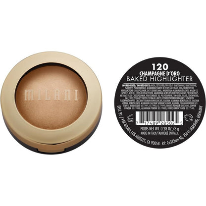Milani baked highlighter with packaging and label on a white background