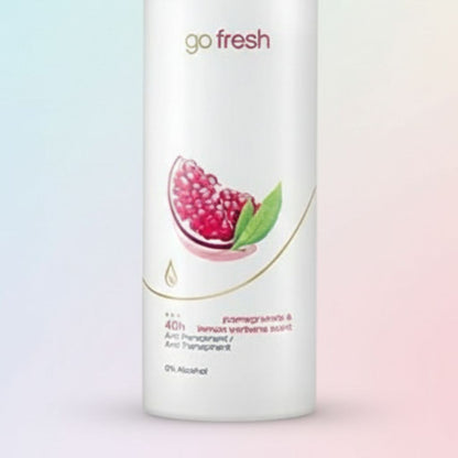 Go Fresh antiperspirant deodorant bottle with pomegranate and lemon verbena scent on a light background
