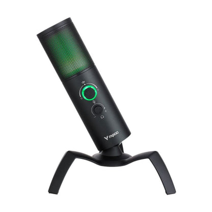 Black USB microphone with green accents on a white background