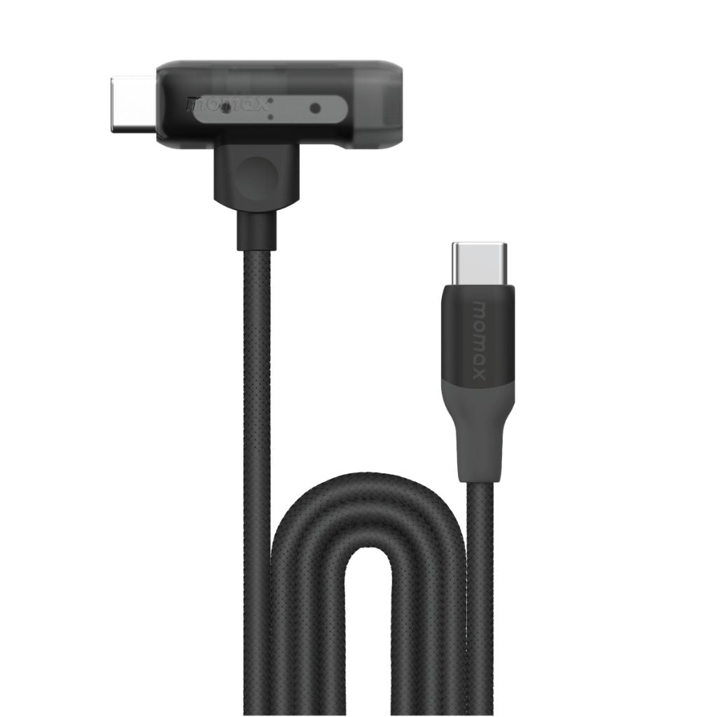 Black USB-C cable with 90-degree connector on a white background