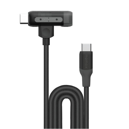 Black USB-C cable with 90-degree connector on a white background