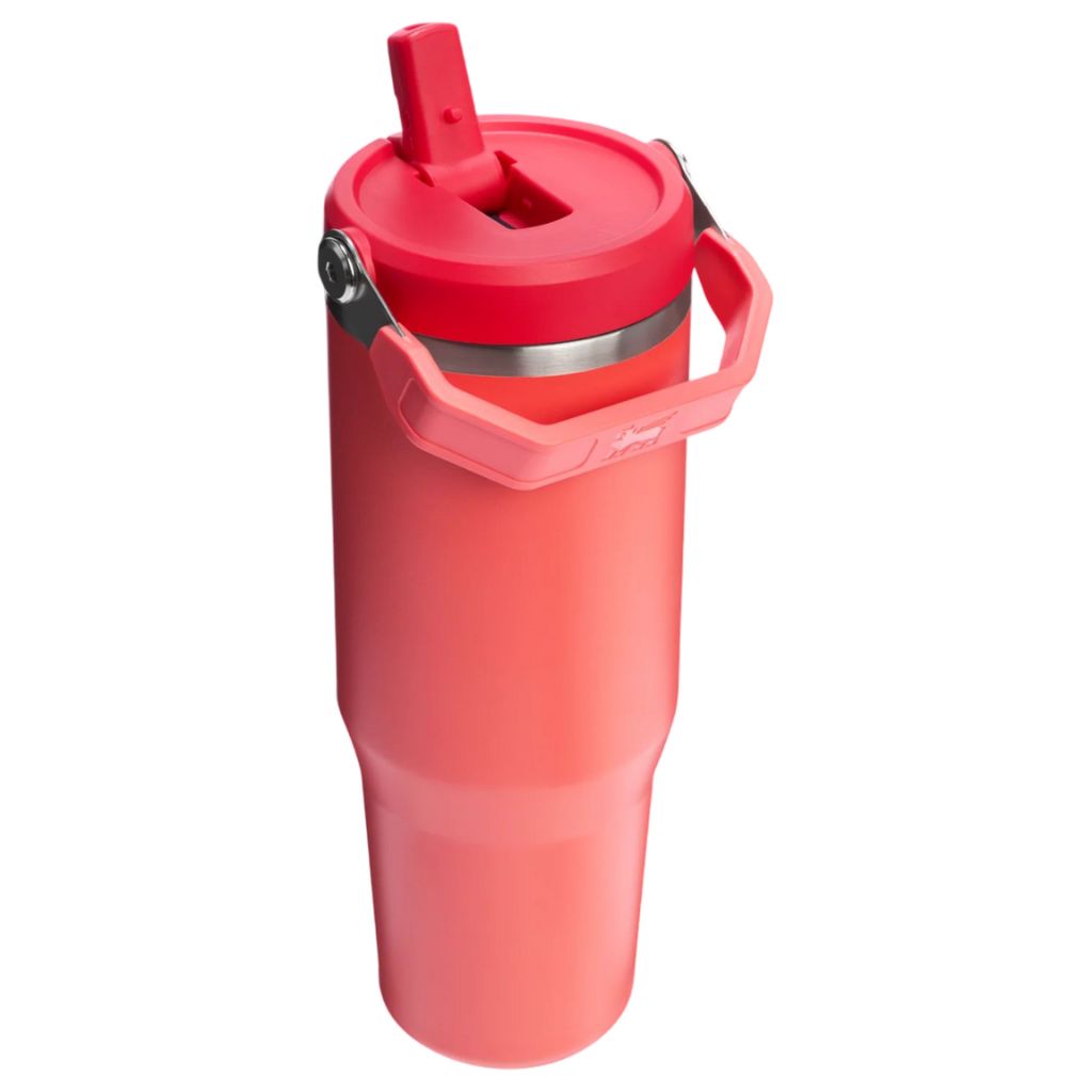 Red insulated tumbler with a straw lid on a white background
