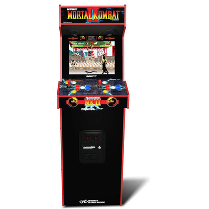 Arcade machine with 'Mortal Kombat' branding on a white background