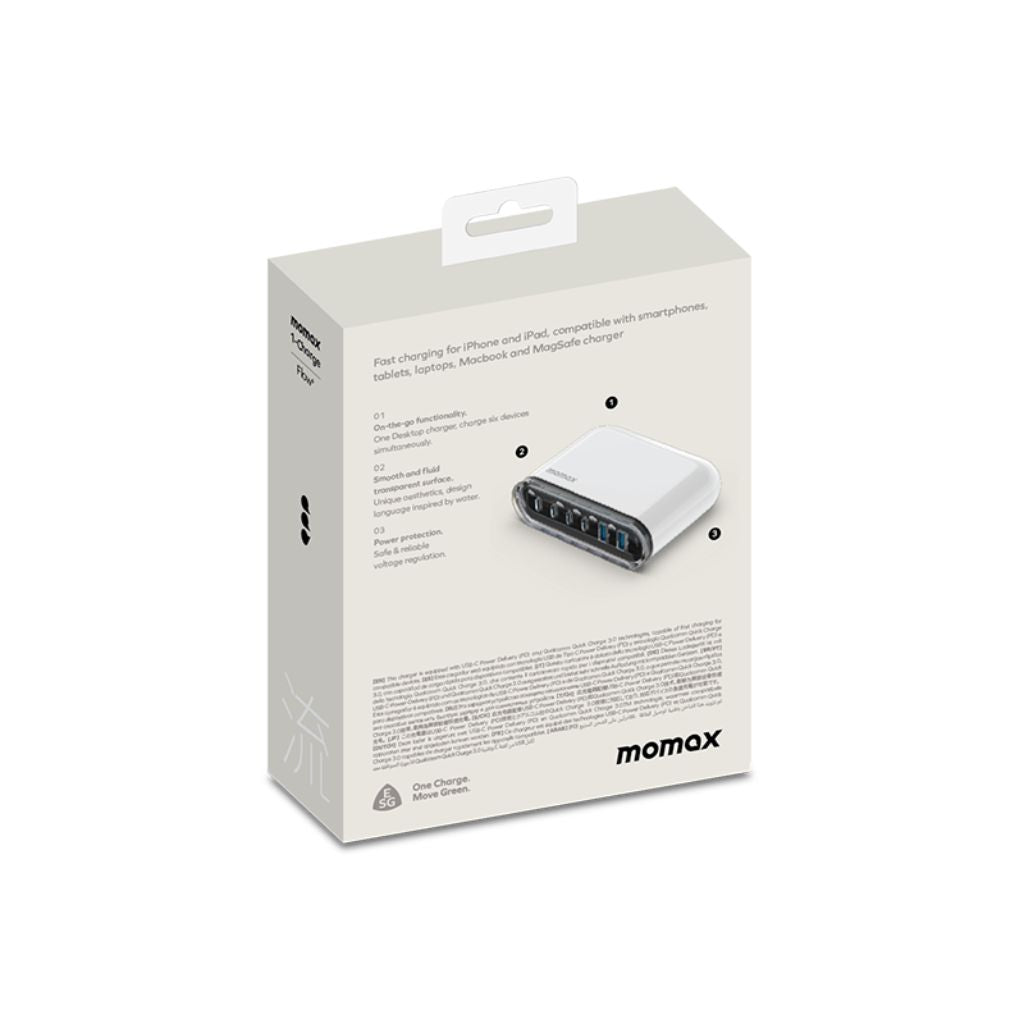 Momox charging adapter packaging on a white background