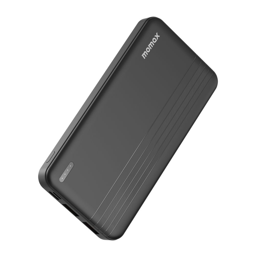 Black power bank with 'momax' branding on a white background