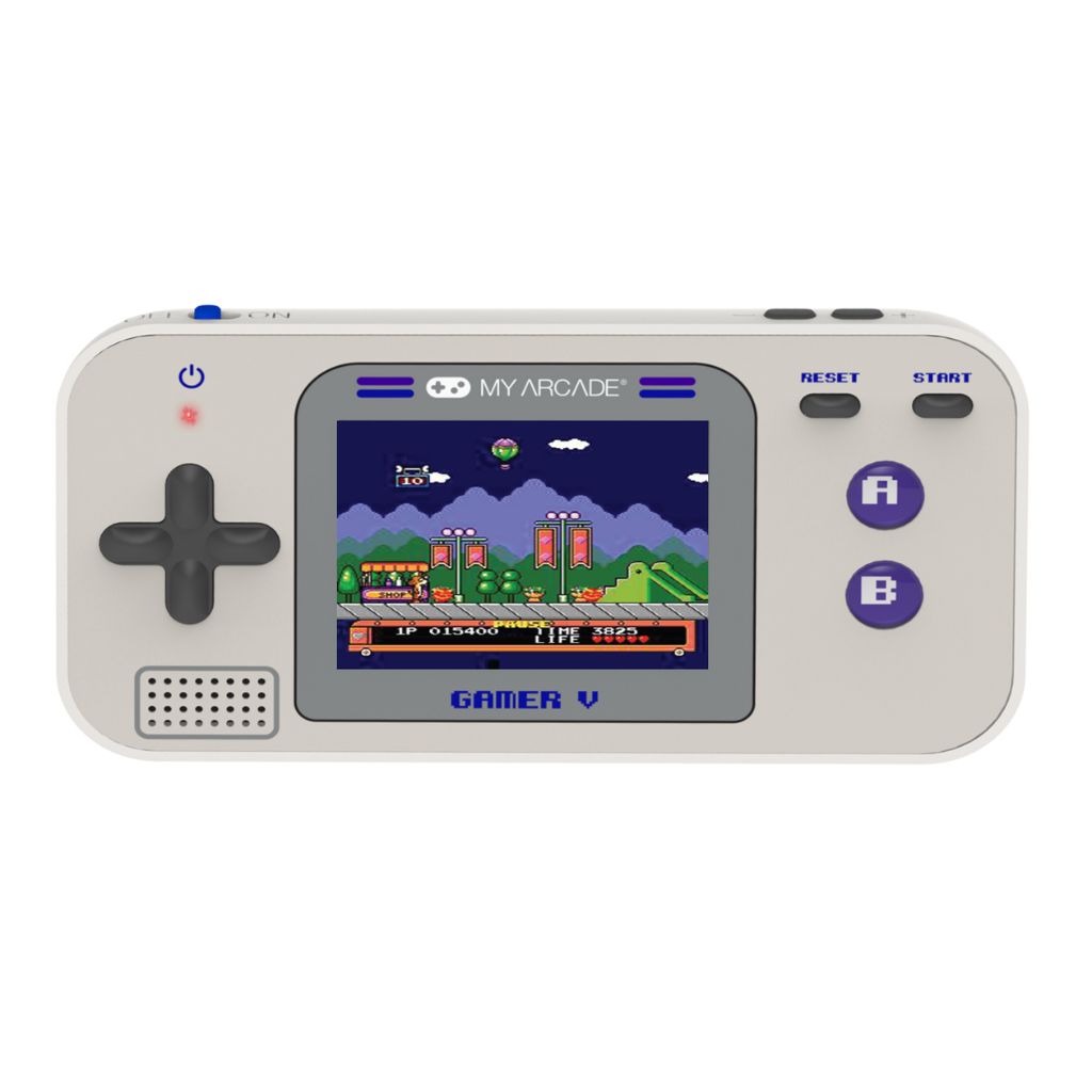 Handheld game console with screen displaying a classic game on a white background