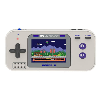Handheld game console with screen displaying a classic game on a white background