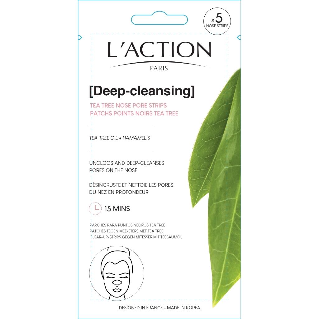 L'Action Paris deep-cleansing tea tree nose pore strips packaging with green leaf illustration.