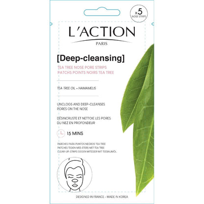L'Action Paris deep-cleansing tea tree nose pore strips packaging with green leaf illustration.