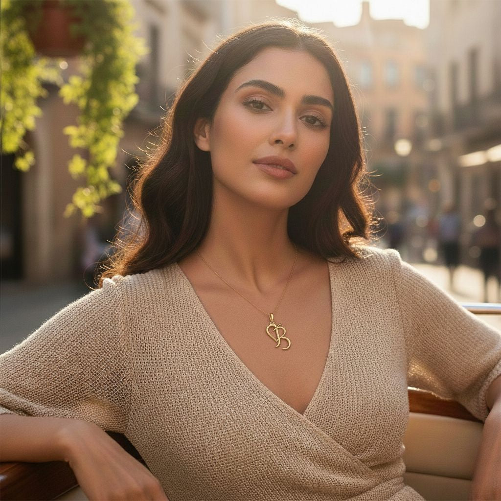Woman wearing a beige sweater and gold necklace with a cityscape in the background