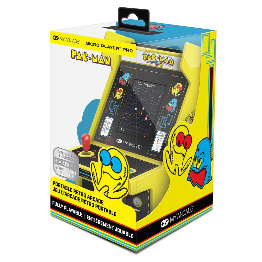 Pac-Man portable retro arcade game in packaging with colorful design