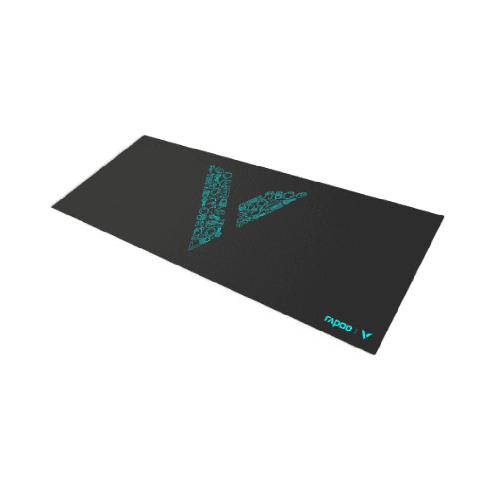 Black mat with blue text and logo on a white background