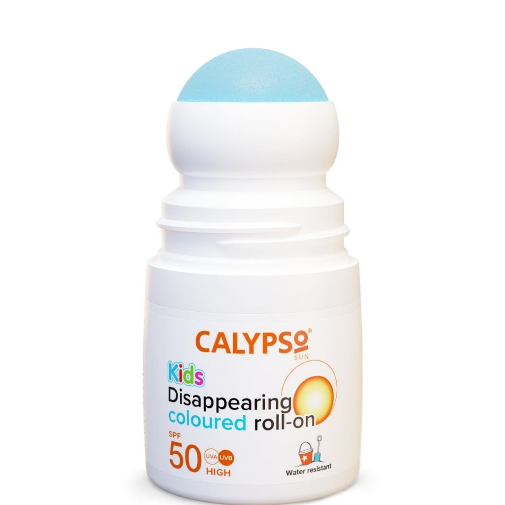 Calypso Kids Disappearing Colored Roll-on sunscreen bottle on a white background