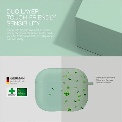 Green earbud case with text about its features on a light green background