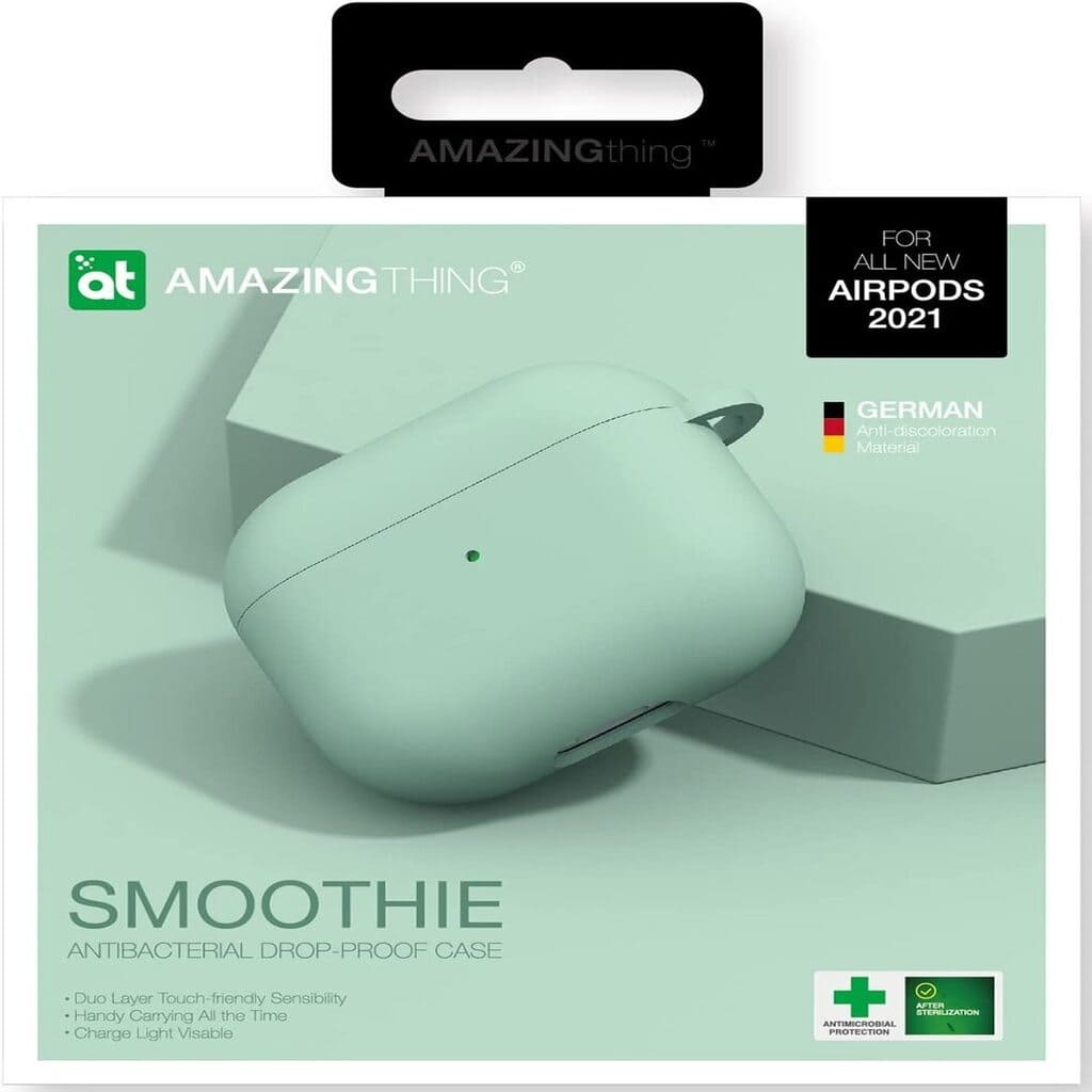 Green antibacterial drop-proof case for AirPods 2021 by Amazing Thing on a light green background