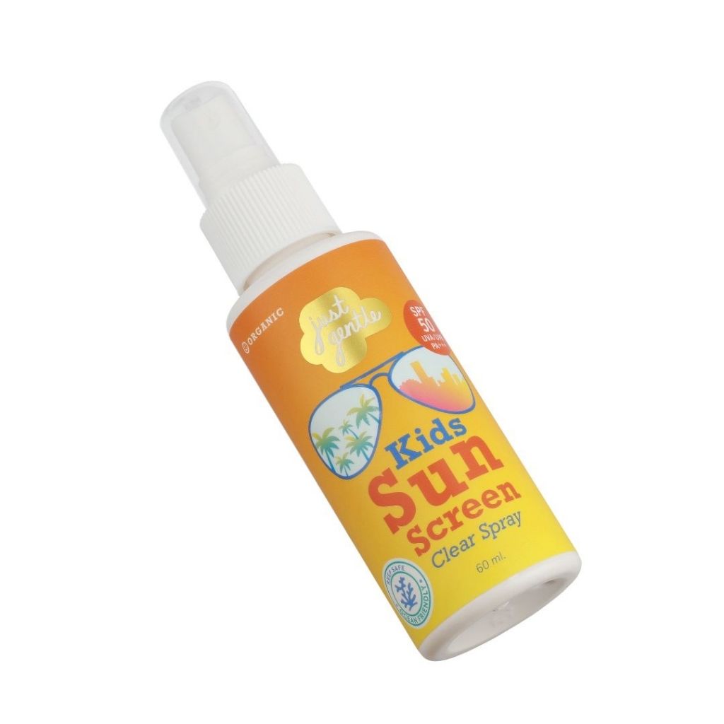 Bottle of kids sunscreen spray on a white background
