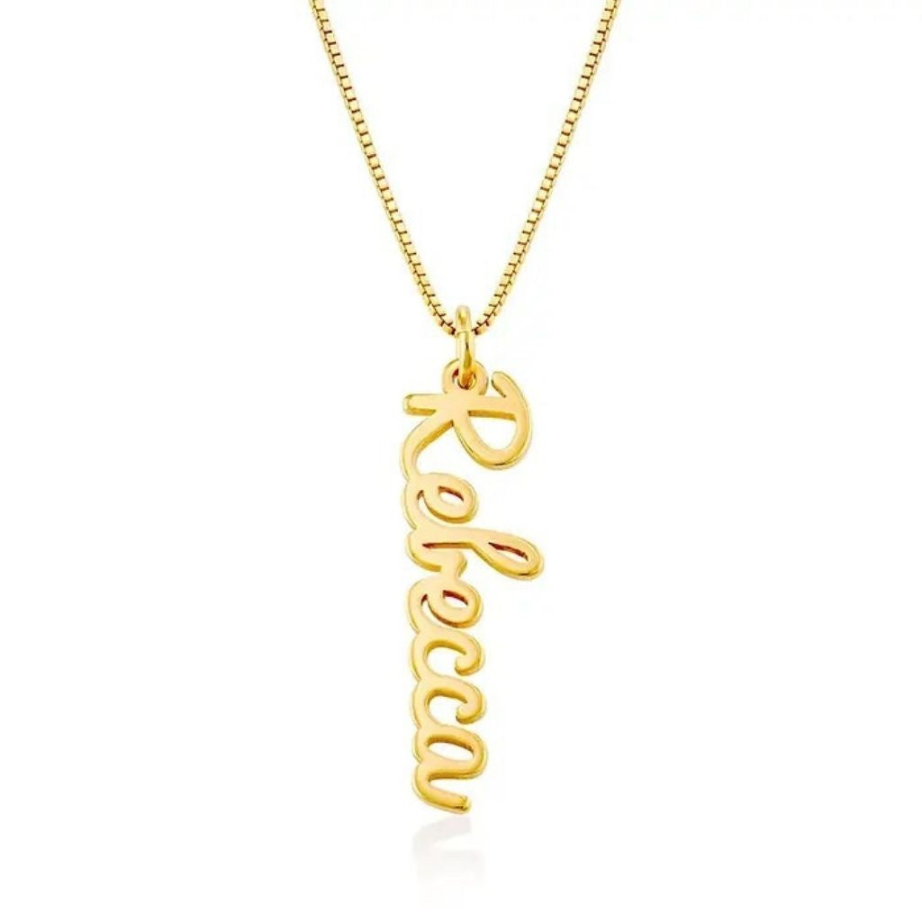 Gold necklace with 'Rebecca' pendant on a white background