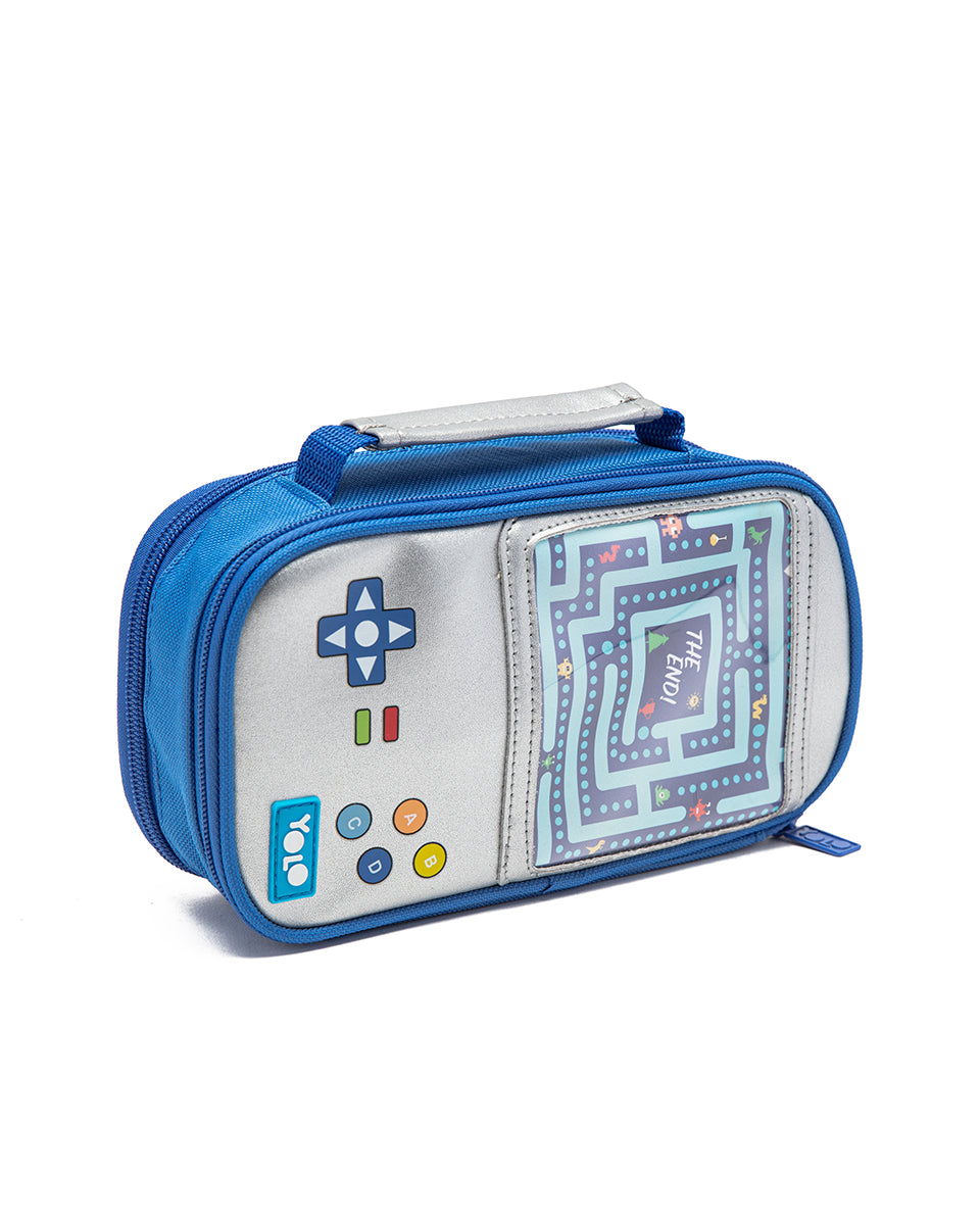 Blue pencil case with game console design on a white background