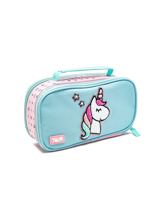 Light blue pencil case with a unicorn design on a white background