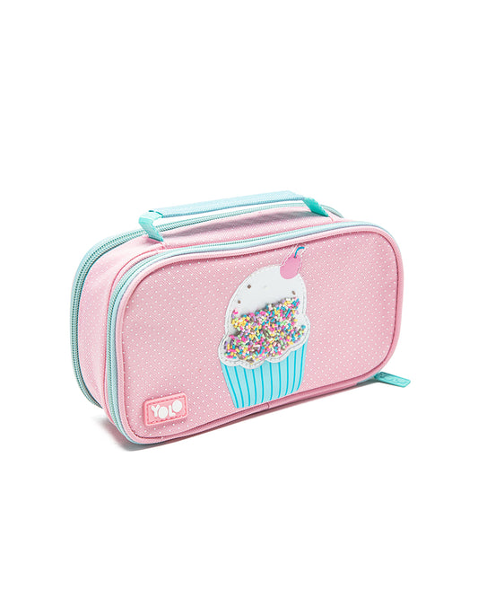 Pink pencil case with a cupcake design on a white background