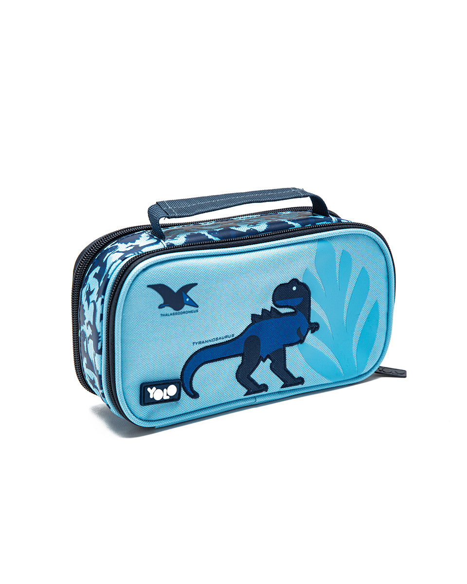 Blue pencil case with dinosaur design on a white background