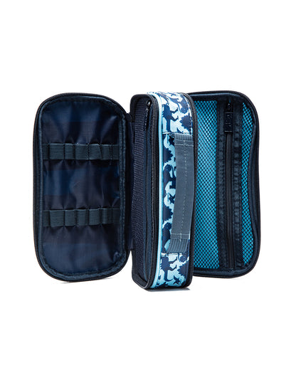 Open travel case with blue camouflage pattern on a white background