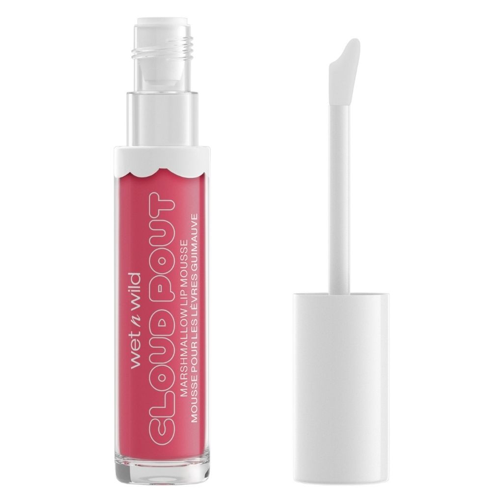Pink lip gloss with applicator on a white background