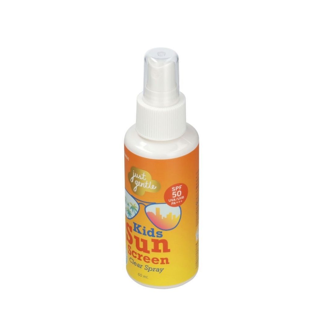 Spray bottle of kids sunscreen on a white background