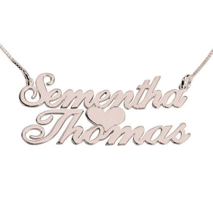 Rose gold name necklace with 'Sementha Thomas' on a white background